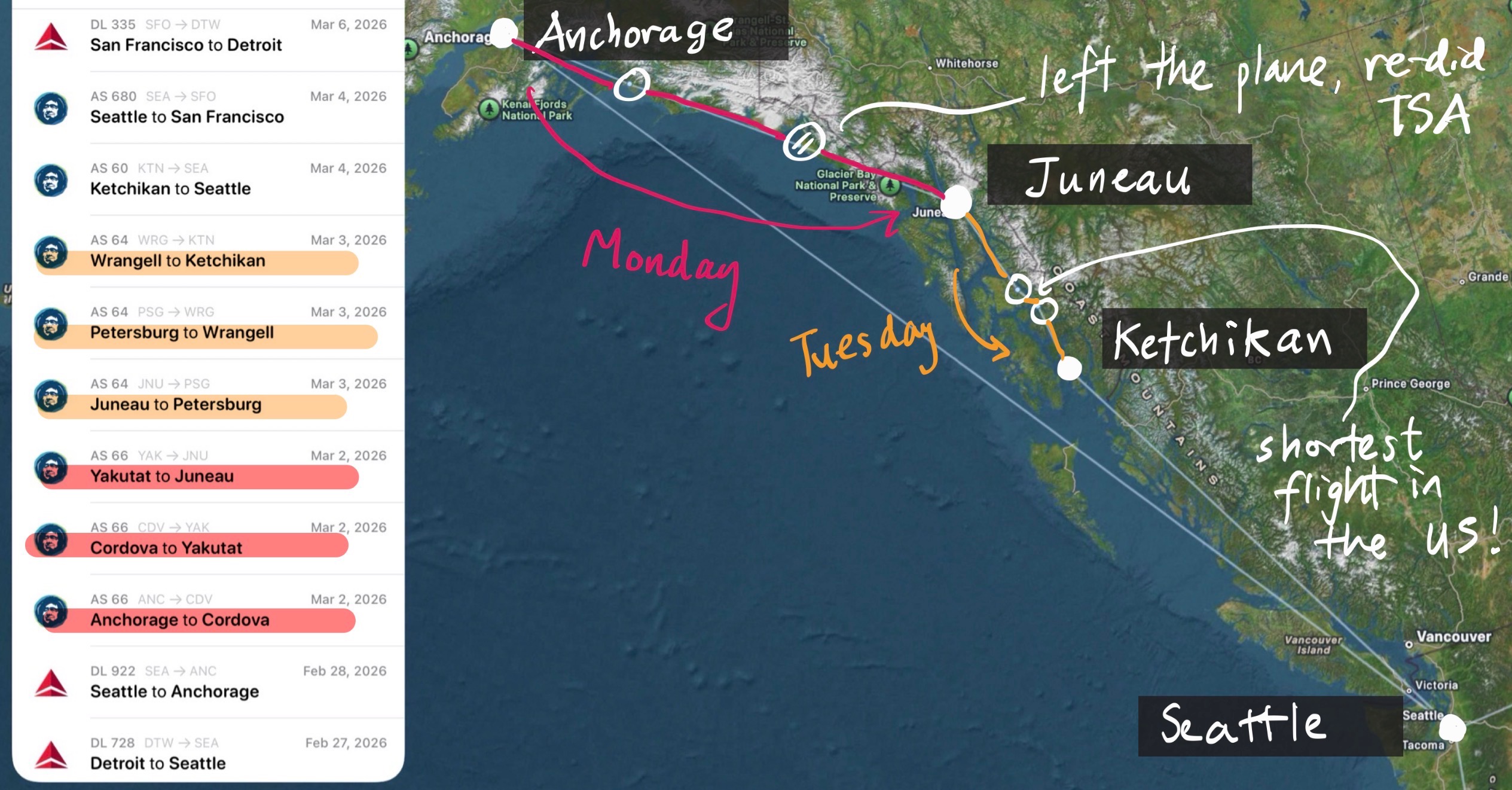 A map of our flights through Alaska and the Pacific Northwest.