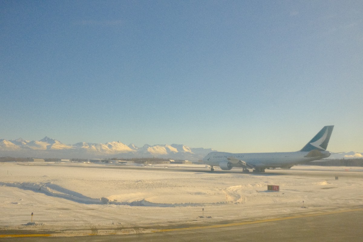 A Cathay Pacific Boeing 747 at the Anchorage airport.