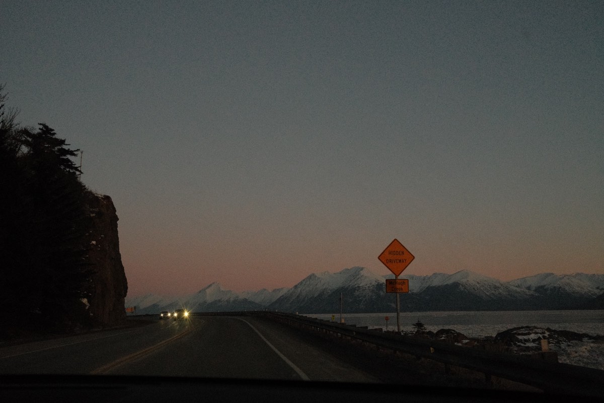 Sunset along the Seward Highway, towards Girdwood.